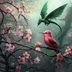 A pink bird sits quietly on a branch of a flowering chamber and a green dragon with a tail flies above it