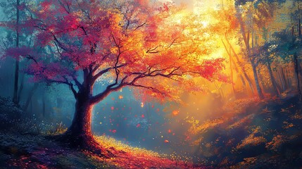 A vibrant tree with colorful autumn leaves in a serene forest setting.