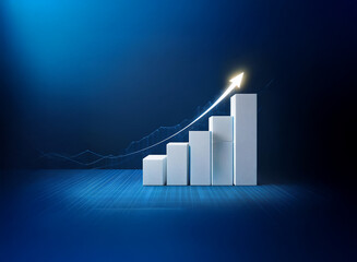 Ascending bar graph on a dark blue background, showcasing growth and upward trend.  A glowing arrow signifies progress and success.
