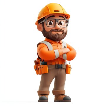 A cheerful 3D cartoon of a construction worker, arms crossed, showing confidence and readiness. Adorable 3d character Civil engineer