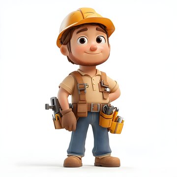 A charming 3D-rendered cartoon of a young construction worker with tools. Adorable 3d character electrician