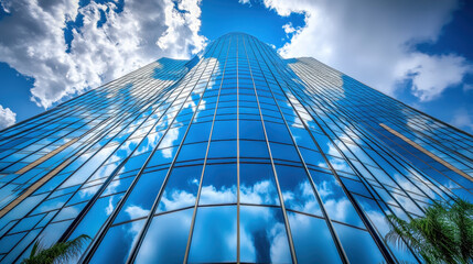 Low-angle photograph of a blue glass skyscraper facade, with reflections in the windows, against a sky with clouds