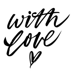 'With love' text handwritten with elegant cursive calligraphic font or script on white background. Stylish lettering for valentines day. Decorative design element.