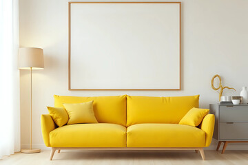 Modern room yellow white wall and yellow sofa with grey cabinet. wooden lamp and frame object. Yellow detail room.