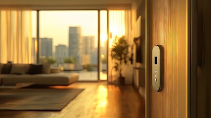 Sunset view from a modern apartment with a focus on the door panel.