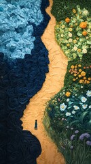 Journey Through Varied Terrain A Solitary Figure Path Between Floral And Dark Textures