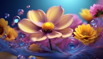Obraz premium cosmos,rose,sunflowe flower 3D and water drop and copy space for text