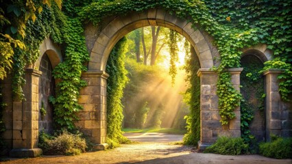 Obraz premium Sunlit Archway Through Lush Greenery Leading to Serene Pathway