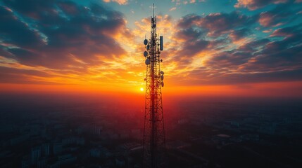 Sunset over a communication tower silhouette.