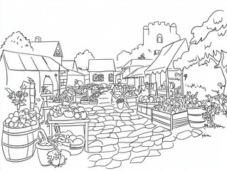 Obraz premium A bustling medieval market square coloring book page with vendors selling fresh produce, fabrics, and handcrafted items. Include villagers browsing stalls, intricate patterns on the goods, and 