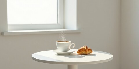 A steaming cup of coffee and a freshly baked croissant on a small white table, bathed in soft sunlight from a nearby window.