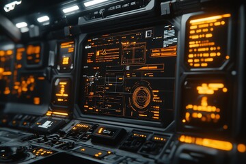Naklejka premium Futuristic spaceship control panel with glowing orange interface.