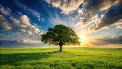 Fototapeta premium Serene Sunset Landscape A Single Tree Stands Tall in a Verdant Field Under a Dramatic Sky