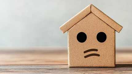 Sad cardboard house on wooden surface.
