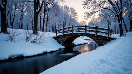 Serene winter scene of a wooden bridge arching over a tranquil stream, nestled amidst snow-covered trees at dawn