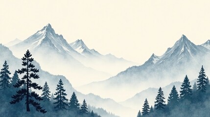 Obraz premium Serene Misty Mountain Range with Silhouetted Coniferous Trees in a Tranquil Landscape