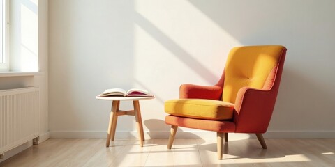 A sunlit room features a comfortable armchair in vibrant orange and yellow hues, complemented by a small side table holding an open book, creating a serene and inviting atmosphere.