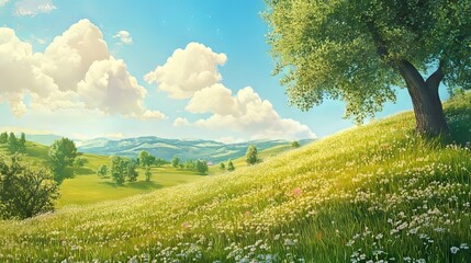 Fototapeta premium Serene landscape with vibrant green hills under a blue sky.