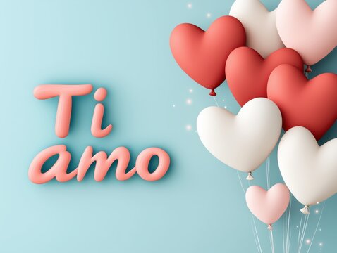 Romantic illustration of heart-shaped balloons with 'Ti amo' text on a light teal background