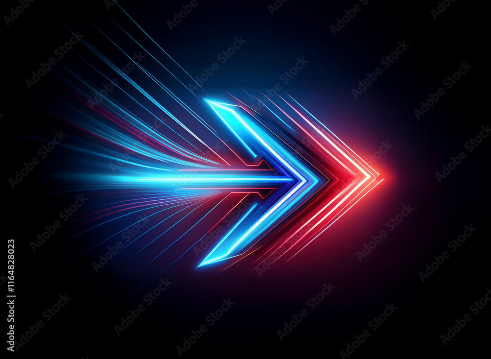 Poster a vibrant neon arrow, blue and red, streaks across a dark background, symbolizing swift movement and