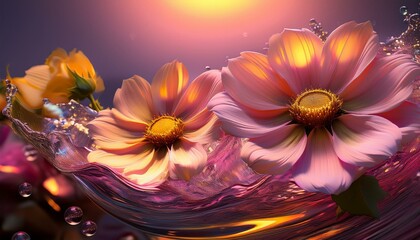 Obraz premium cosmos,rose,sunflowe flower 3D and water drop and copy space for text