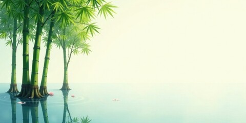 Serene Bamboo Grove Reflecting in Calm Water, a Peaceful and Tranquil Scene of Nature's Beauty