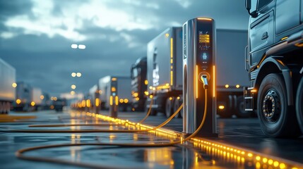 Fleet of EV trucks in a clean energy depot with charging stations