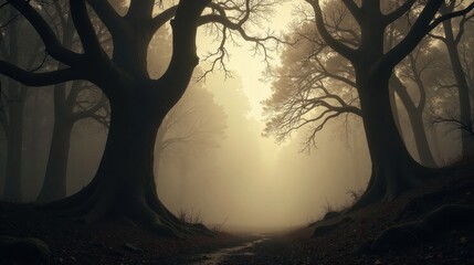 Enigmatic Path Through a Misty Woodland, Framed by Ancient Trees with Exposed Roots and Reaching Branches