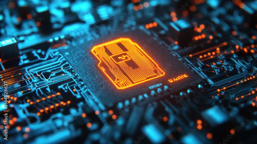 Poster close-up of a glowing orange cpu on a circuit board.