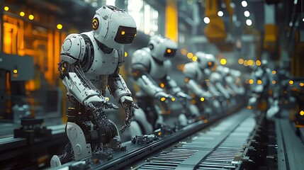 Fototapeta premium A line of humanoid robots working in a futuristic factory setting.