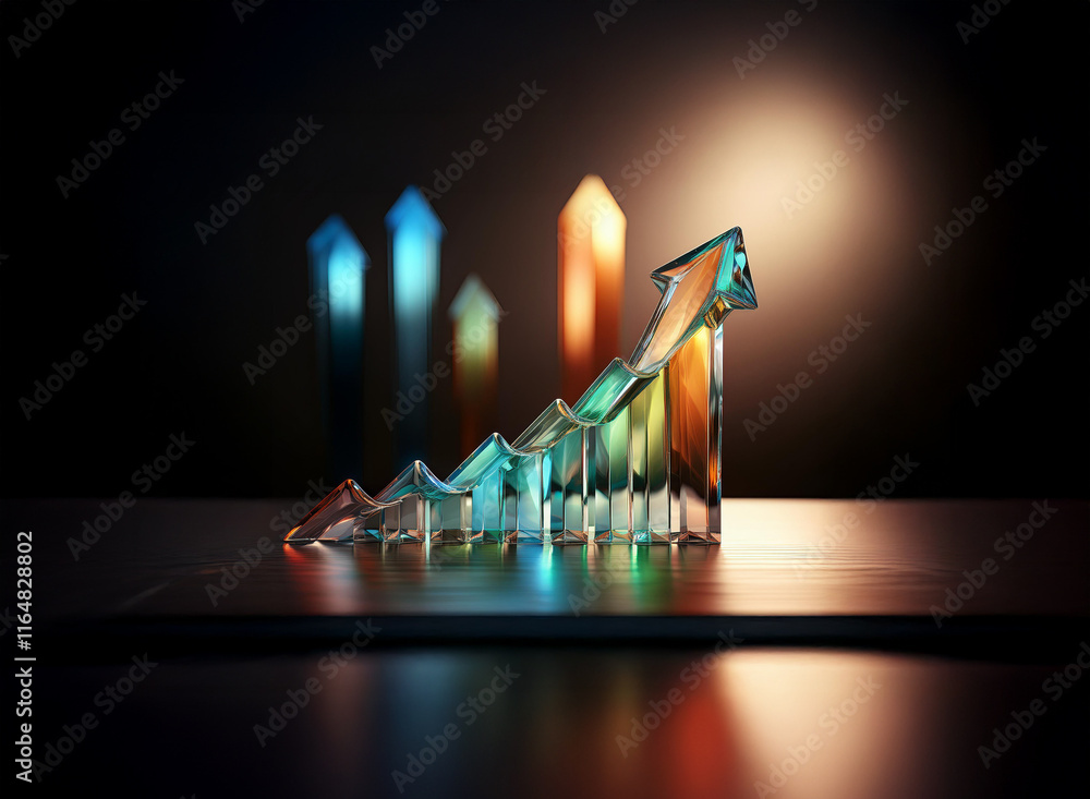 Aufkleber a glass arrow ascends a rising bar graph, symbolizing growth and progress against a dark background.
