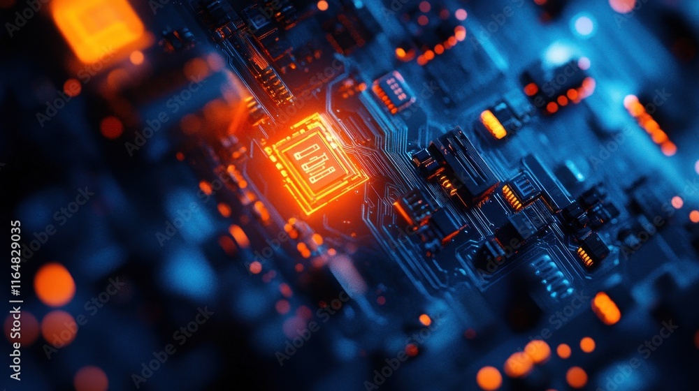 Poster close-up of illuminated cpu on circuit board.