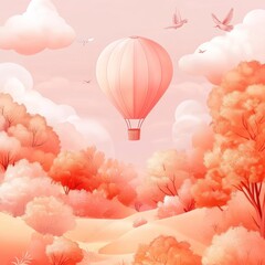 Obraz premium A serene landscape featuring a hot air balloon amidst soft clouds and vibrant foliage.