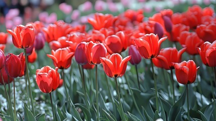 Fototapeta premium Vibrant red tulips blooming in a lush garden setting.
