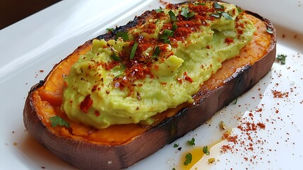 A slice of sweet potato toast topped with mashed avocado and sprinkled with chili flakes served on a white ceramic plate 