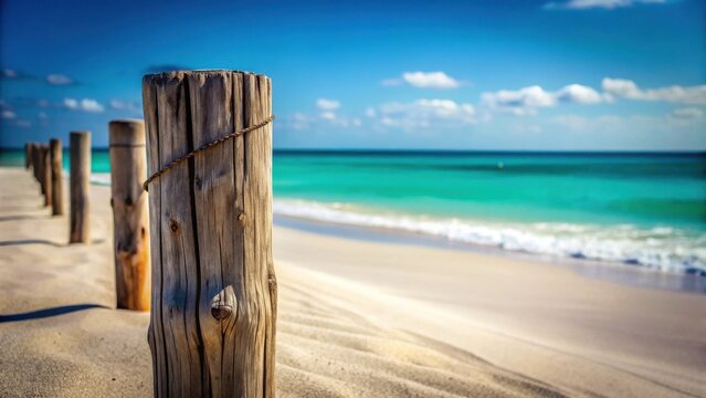 Wooden posts on a pristine beach with turquoise water and a bright sky