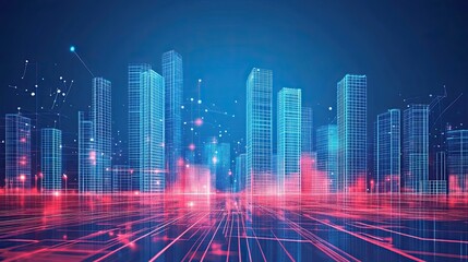 Futuristic city skyline with glowing lines and digital network.