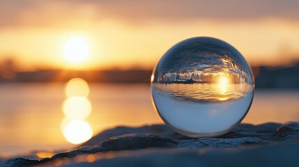 Sunset reflected in a crystal ball on a rock by the water.