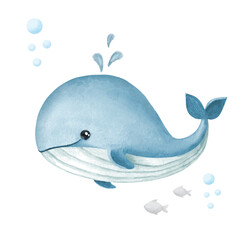 Cute Sea Animal whale Watercolor Vector