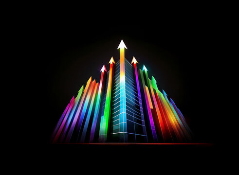 Vibrant, multicolored arrows ascend, converging on a glass skyscraper against a stark black background.  This symbolizes growth and upward progress.