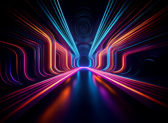 Abstract digital art depicting a vibrant, glowing neon tunnel with converging light streaks.  Colors are intensely saturated, creating a futuristic and dynamic atmosphere.