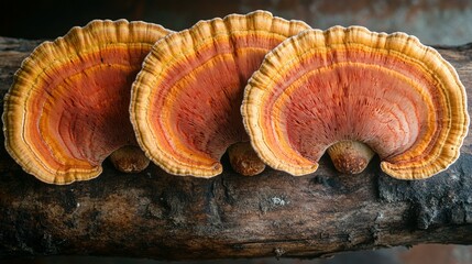 Three Orange Mushrooms Growing On Wood