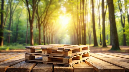 Rustic Wooden Pallet Display on a Sunlit Wooden Deck in a Verdant Forest Setting
