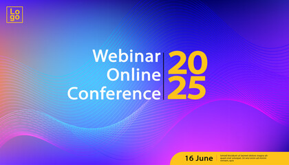 Modern webinar and online conference banner template. Abstract tech background with flowing blue and purple wavy lines, symbolizing a digital data stream. For a business or technology event.