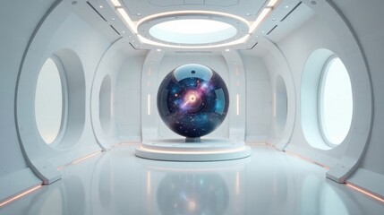 A Futuristic Interior Space Featuring a Celestial Sphere Displayed on a Sleek Pedestal