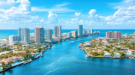 Obraz premium Sunny coastal city skyline with waterway, luxury homes, and ocean.