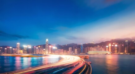Dynamic Vertical Motion Blur of Hong Kong Cityscape at Twilight with Urban Lights