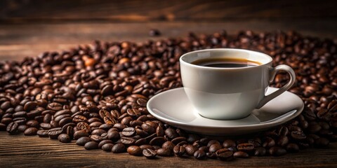 Fototapeta premium Aromatic Dark Roast Coffee in a White Cup Surrounded by Roasted Beans on a Wooden Surface