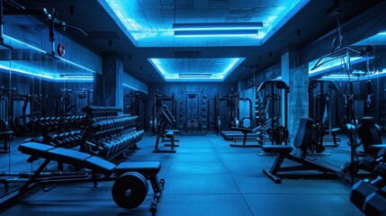 Interior of an empty modern sports hall full of weights, bars and racks, AI generated image