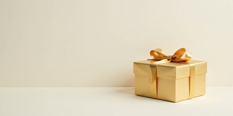 A luxuriously wrapped golden present box with a satin ribbon, sitting on a minimalist off-white surface against a neutral backdrop